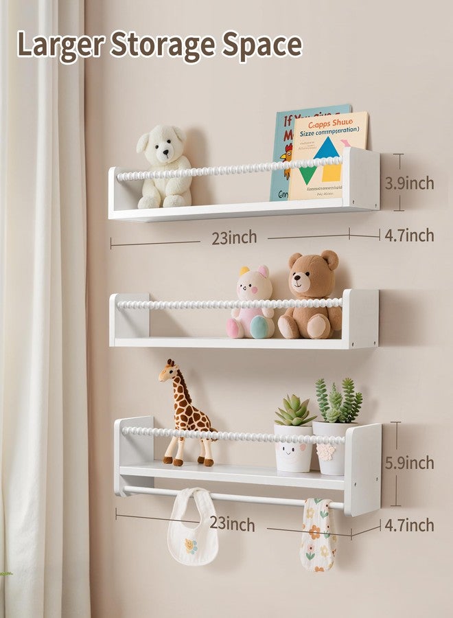 Maxpeuvon 23 Inch Kids Bookshelves Set of 3, Natural Wooden Floating Shelves Wall Mount Storage Organizer Shelf with Towel Bar Hanging Bookshelf for Kid Room Bedroom Living Room Decor, White - Image 3